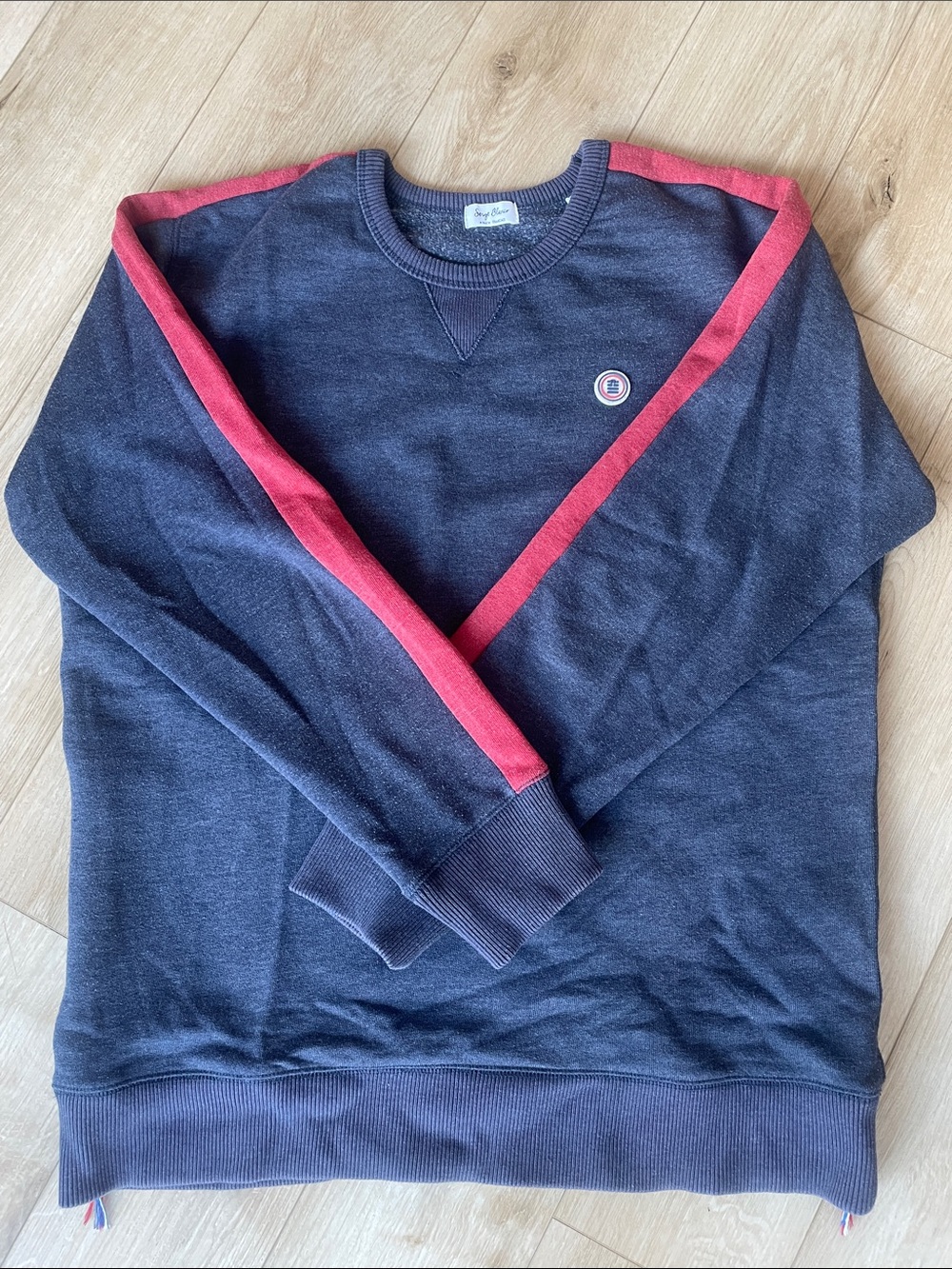 Men's Crewneck Sweatshirt in Navy with Red Shoulder Stripes